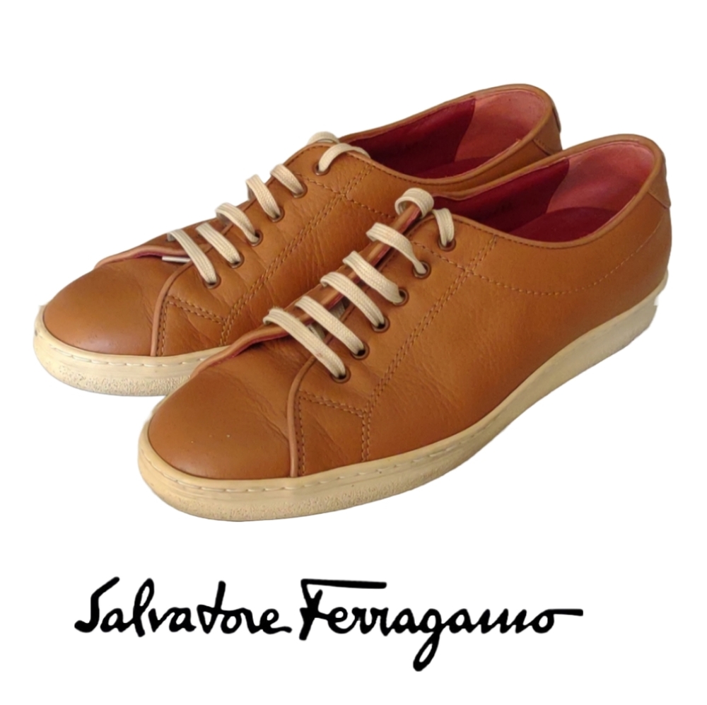 Gorgeous Salvatore Ferragamo Tan Leather Lace Up Sneakers EUC